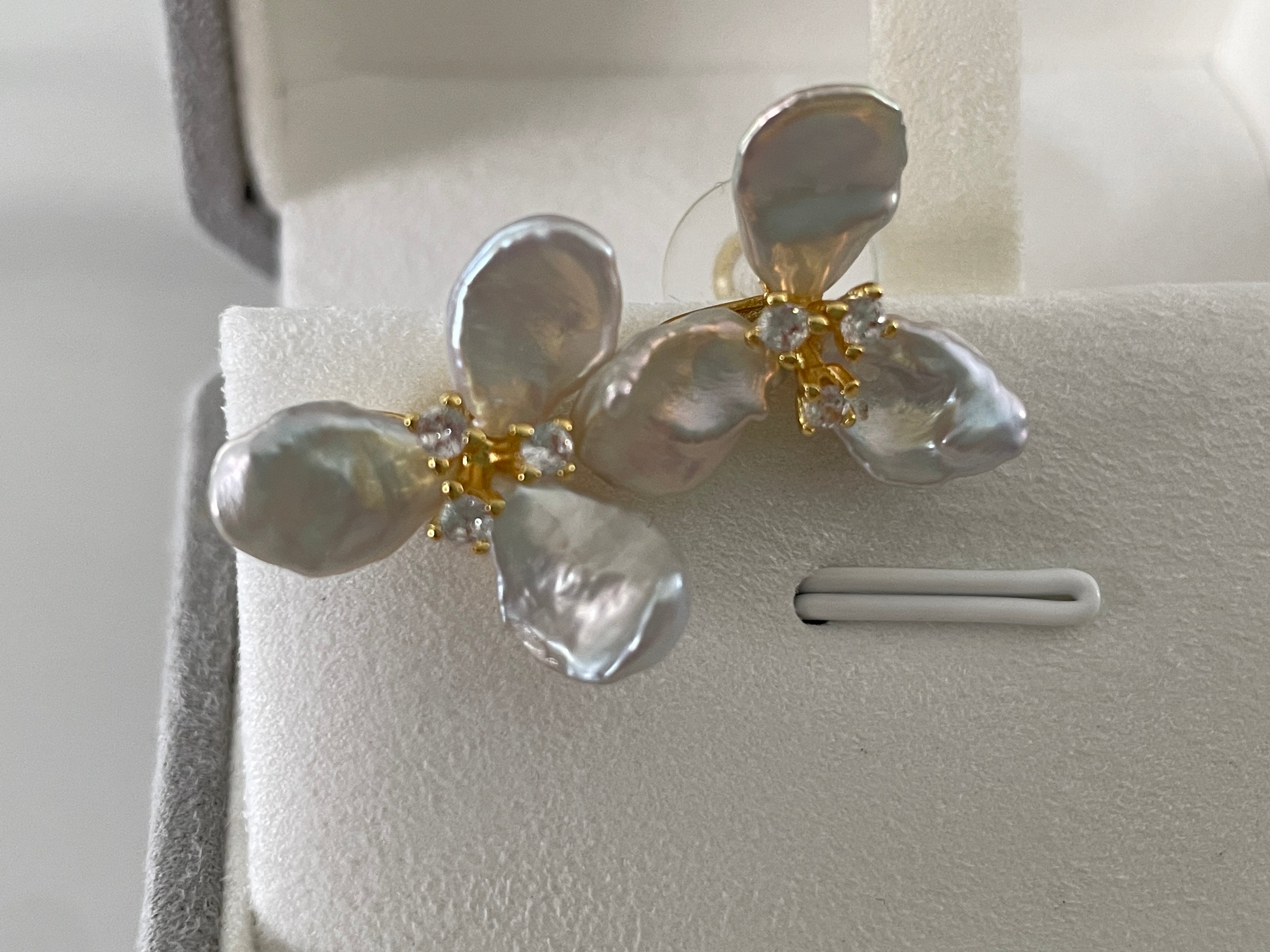 Keshi Baroque Earring 5 - Silver-Blue Keshi Petal Pearl Flower Stud Earrings, Gold Tone Floral CZ Jewelry, Hawaiian Vacation Vibe