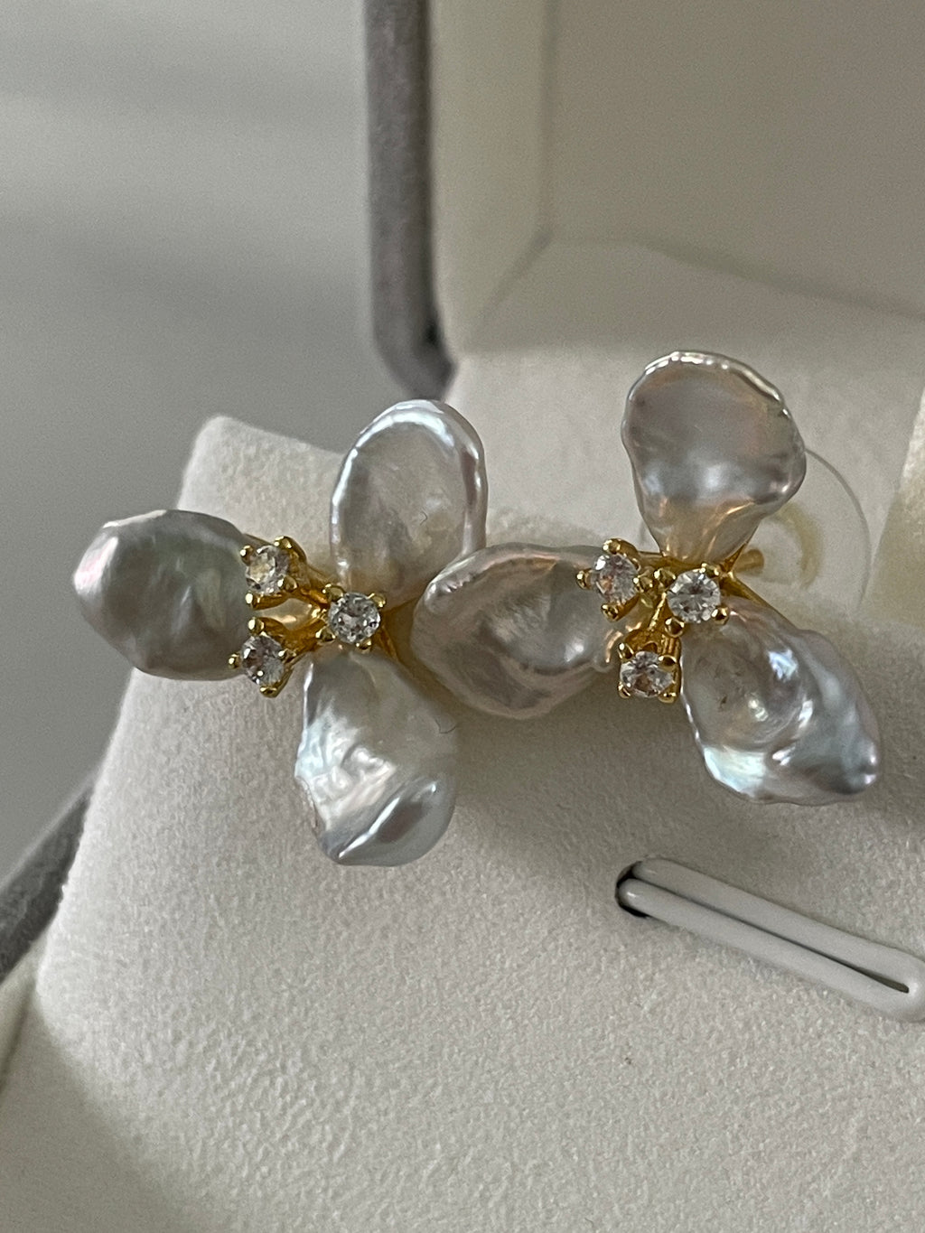 Keshi Baroque Earring 5 - Silver-Blue Keshi Petal Pearl Flower Stud Earrings, Gold Tone Floral CZ Jewelry, Hawaiian Vacation Vibe