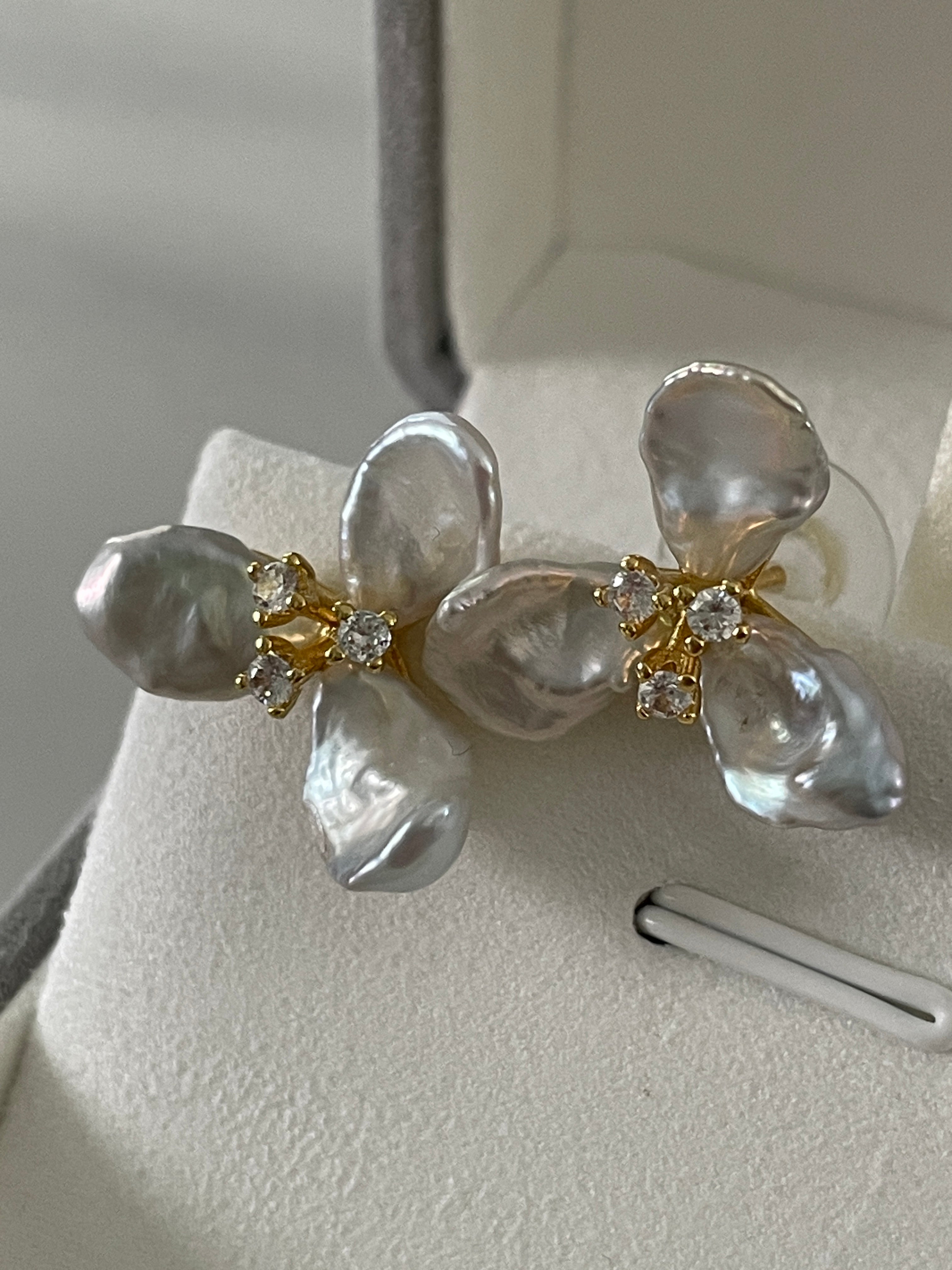 Keshi Baroque Earring 5 - Silver-Blue Keshi Petal Pearl Flower Stud Earrings, Gold Tone Floral CZ Jewelry, Hawaiian Vacation Vibe