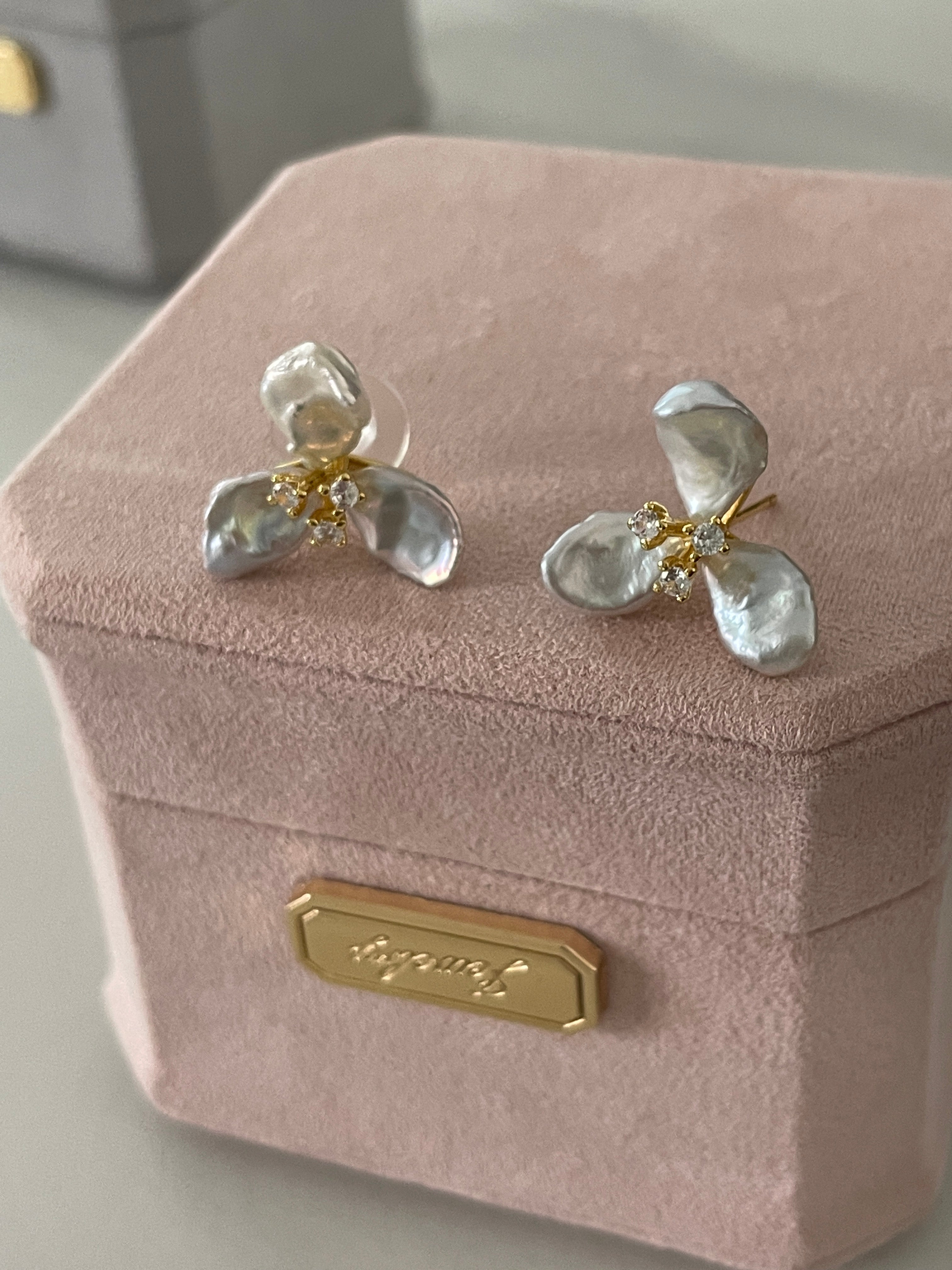 Keshi Baroque Earring 5 - Silver-Blue Keshi Petal Pearl Flower Stud Earrings, Gold Tone Floral CZ Jewelry, Hawaiian Vacation Vibe