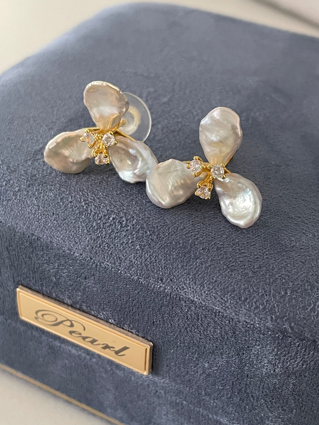 Keshi Baroque Earring 5 - Silver-Blue Keshi Petal Pearl Flower Stud Earrings, Gold Tone Floral CZ Jewelry, Hawaiian Vacation Vibe