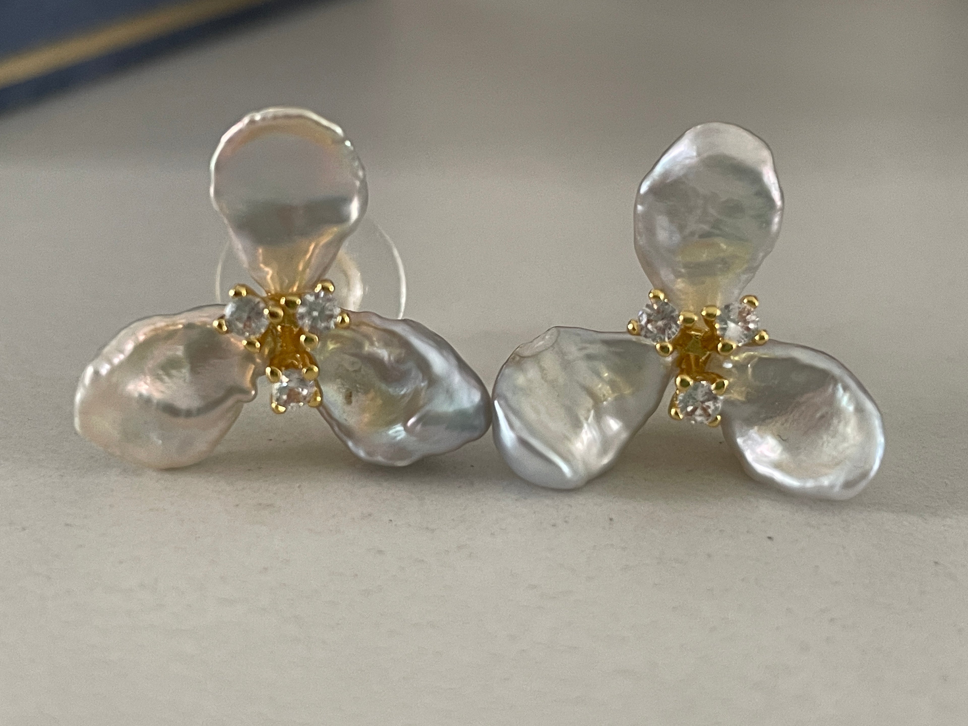 Keshi Baroque Earring 5 - Silver-Blue Keshi Petal Pearl Flower Stud Earrings, Gold Tone Floral CZ Jewelry, Hawaiian Vacation Vibe