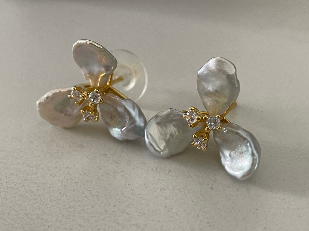Keshi Baroque Earring 5 - Silver-Blue Keshi Petal Pearl Flower Stud Earrings, Gold Tone Floral CZ Jewelry, Hawaiian Vacation Vibe