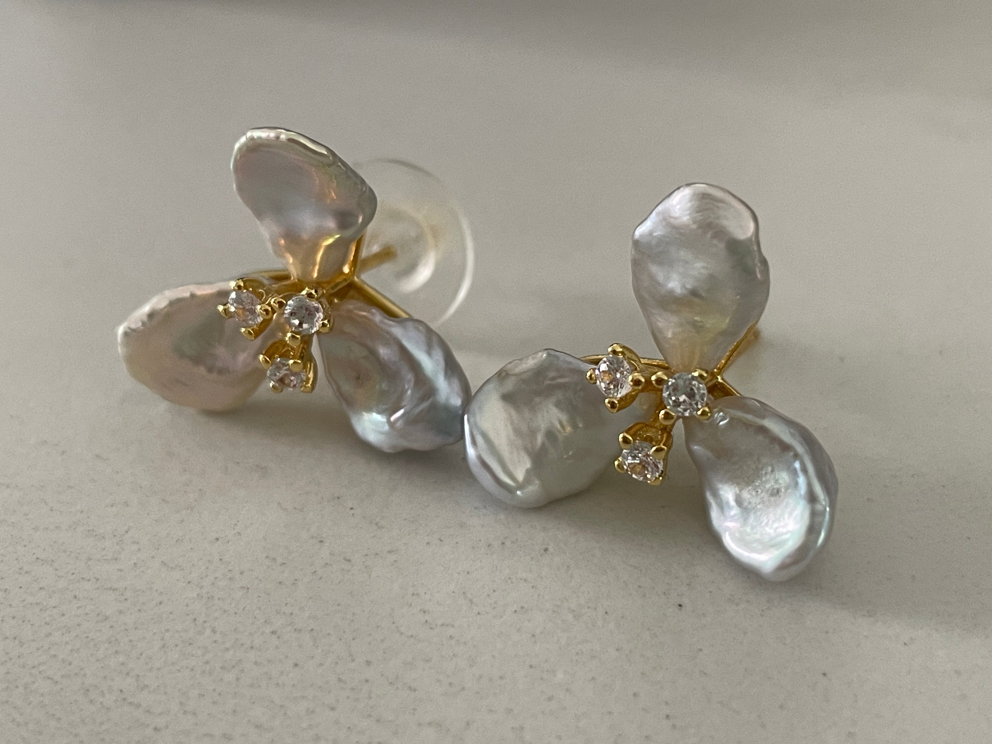 Keshi Baroque Earring 5 - Silver-Blue Keshi Petal Pearl Flower Stud Earrings, Gold Tone Floral CZ Jewelry, Hawaiian Vacation Vibe