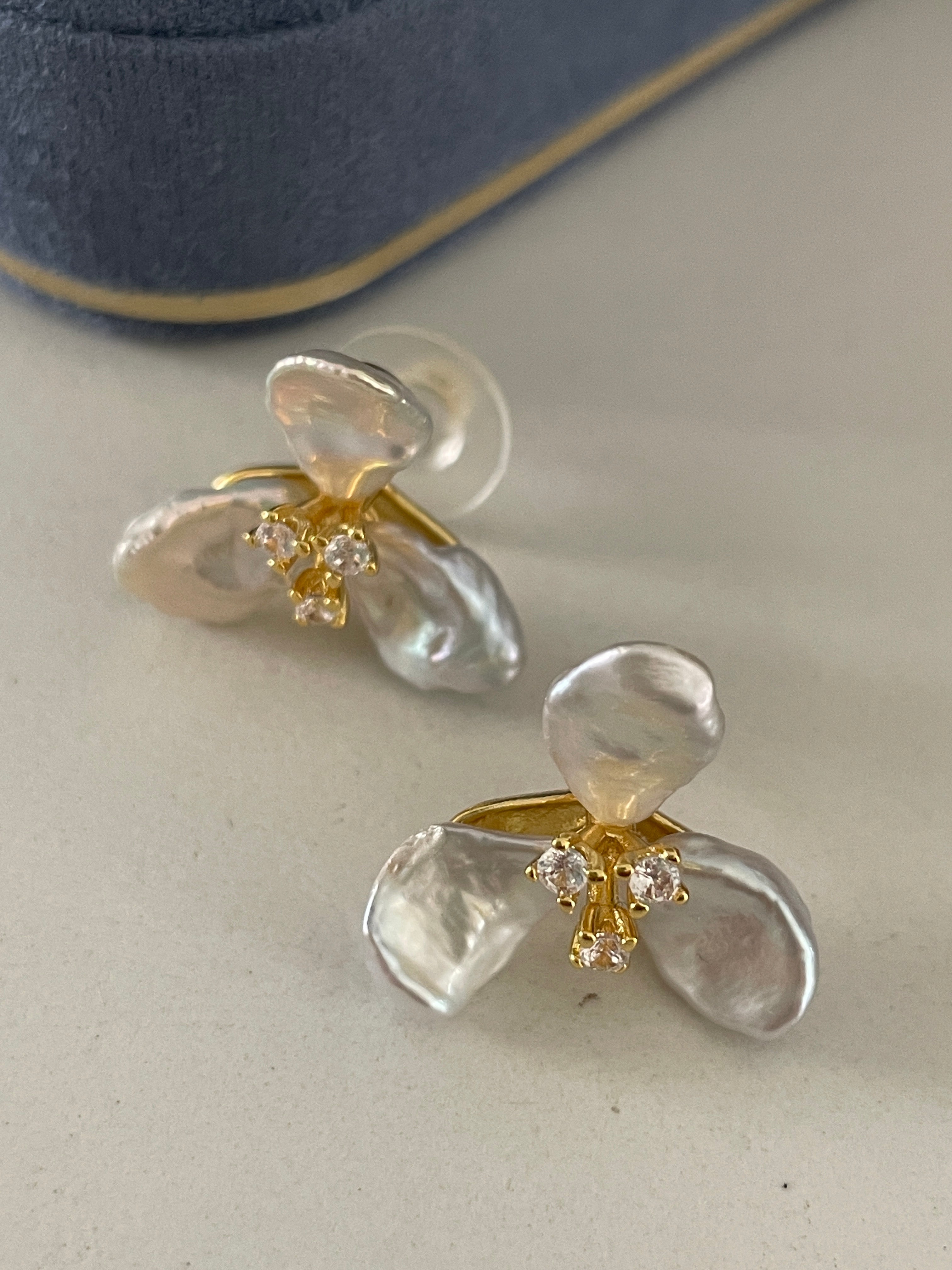 Keshi Baroque Earring 5 - Silver-Blue Keshi Petal Pearl Flower Stud Earrings, Gold Tone Floral CZ Jewelry, Hawaiian Vacation Vibe