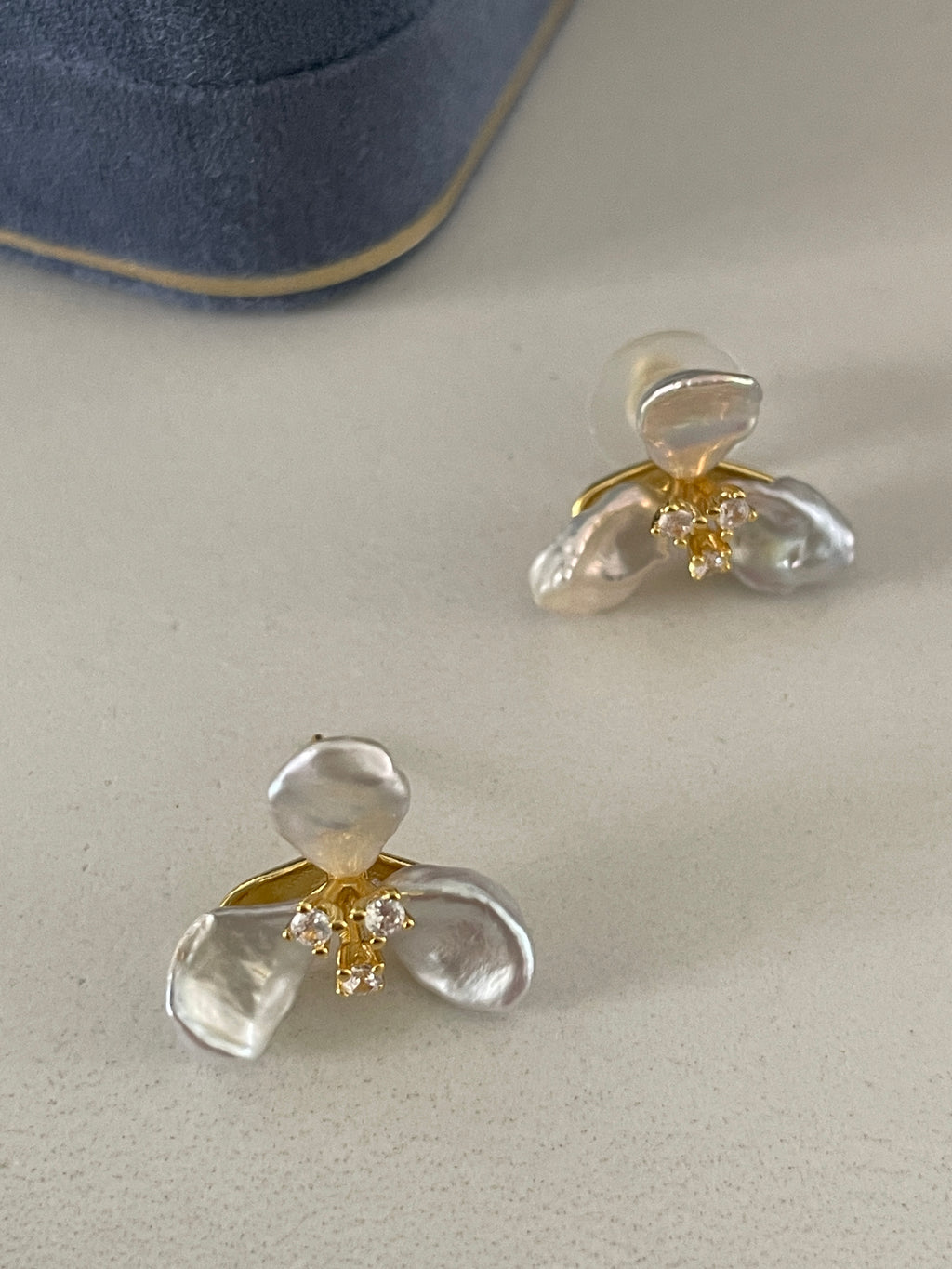 Keshi Baroque Earring 5 - Silver-Blue Keshi Petal Pearl Flower Stud Earrings, Gold Tone Floral CZ Jewelry, Hawaiian Vacation Vibe