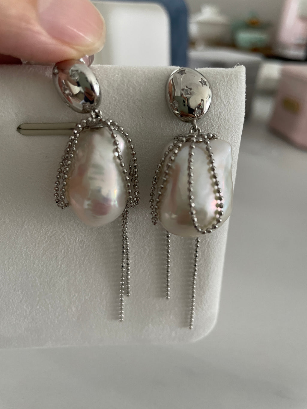 Baroque Earring 3 - Large Aurora Mirror Smooth Freshwater Baroque Pearl Drop Earrings, Silver Tone Tassel Alloy Jewelry