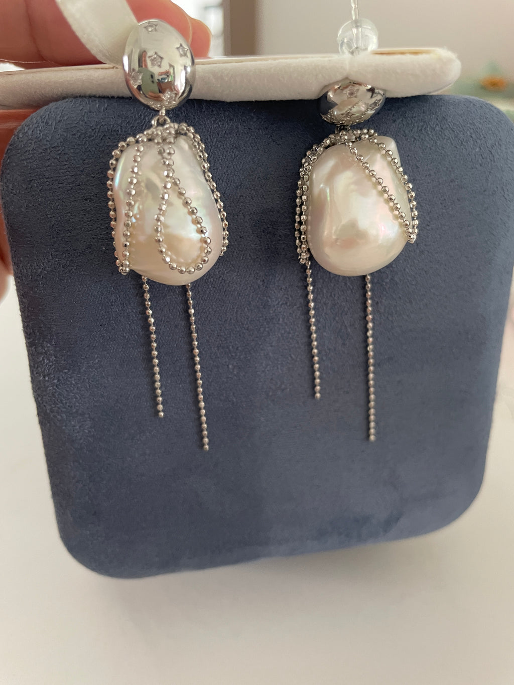Baroque Earring 3 - Large Aurora Mirror Smooth Freshwater Baroque Pearl Drop Earrings, Silver Tone Tassel Alloy Jewelry