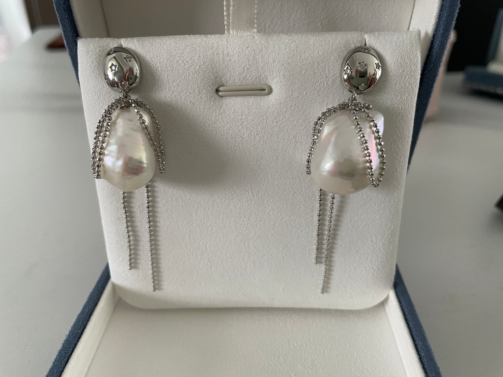 Baroque Earring 3 - Large Aurora Mirror Smooth Freshwater Baroque Pearl Drop Earrings, Silver Tone Tassel Alloy Jewelry