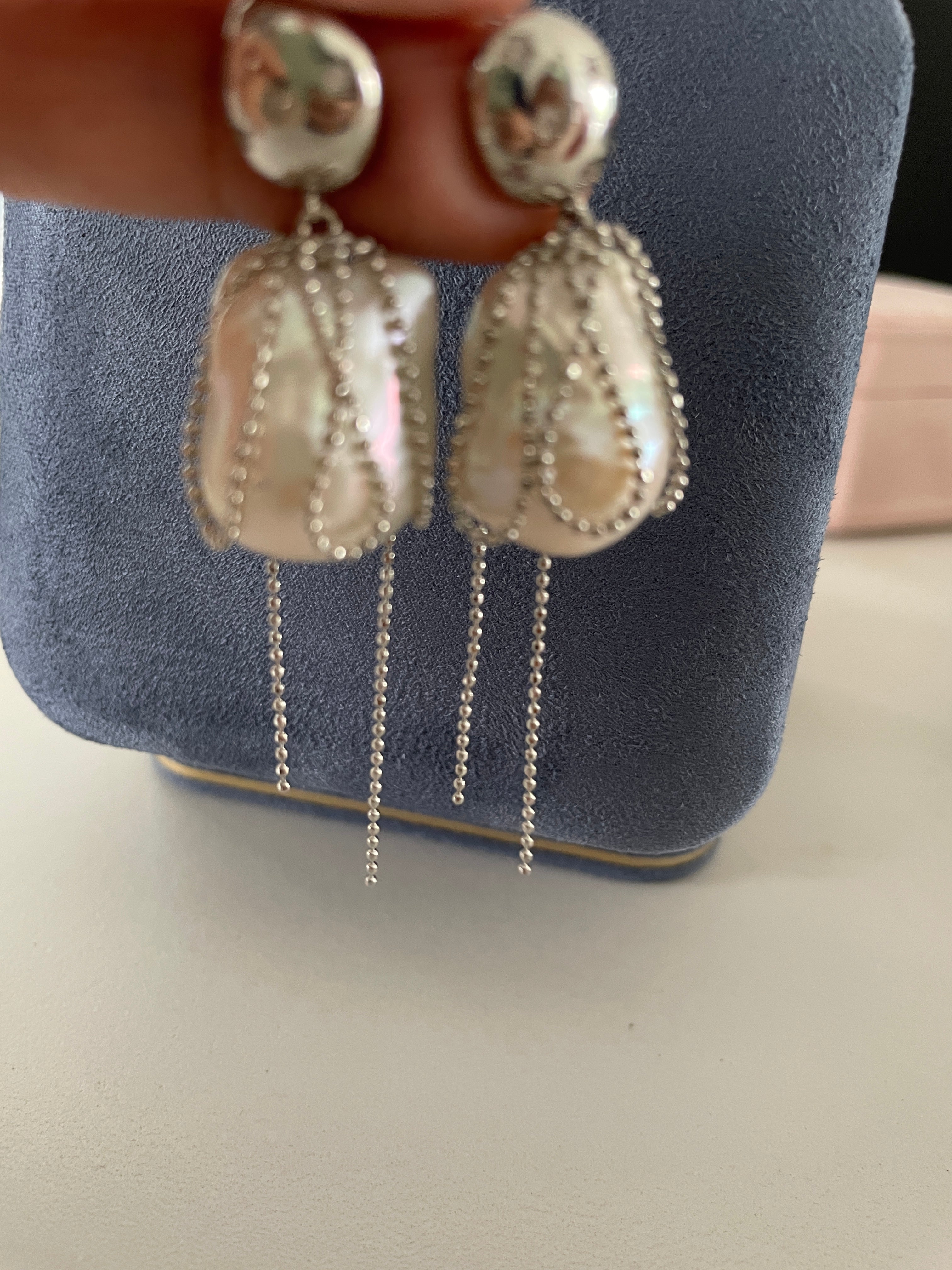 Baroque Earring 3 - Large Aurora Mirror Smooth Freshwater Baroque Pearl Drop Earrings, Silver Tone Tassel Alloy Jewelry