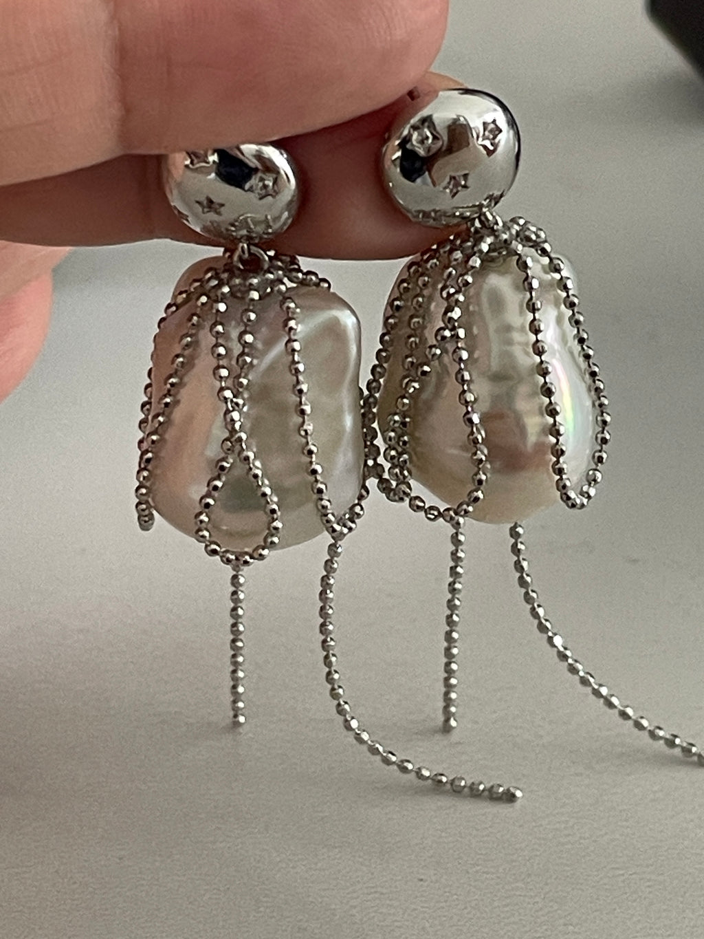 Baroque Earring 3 - Large Aurora Mirror Smooth Freshwater Baroque Pearl Drop Earrings, Silver Tone Tassel Alloy Jewelry