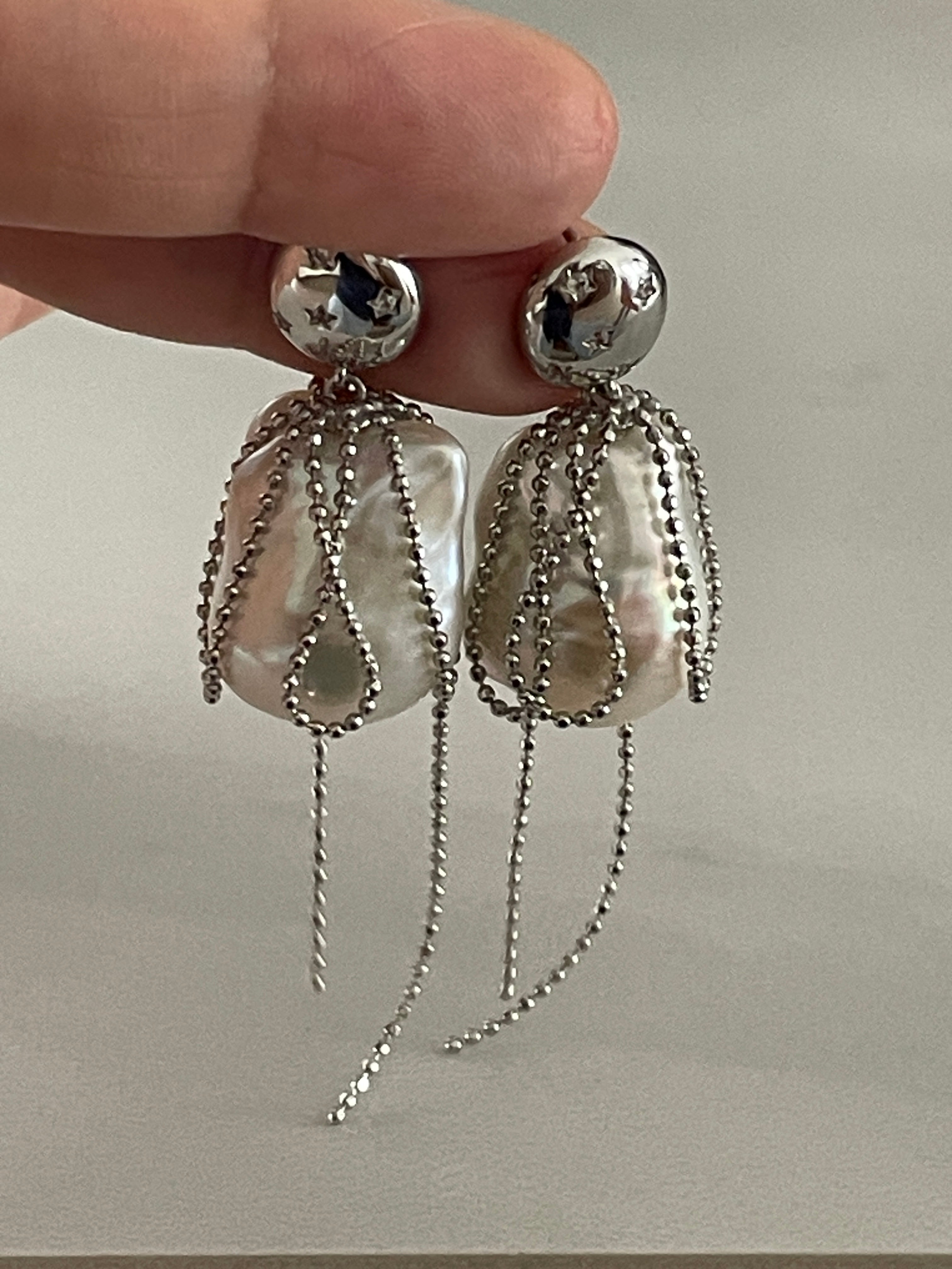 Baroque Earring 3 - Large Aurora Mirror Smooth Freshwater Baroque Pearl Drop Earrings, Silver Tone Tassel Alloy Jewelry