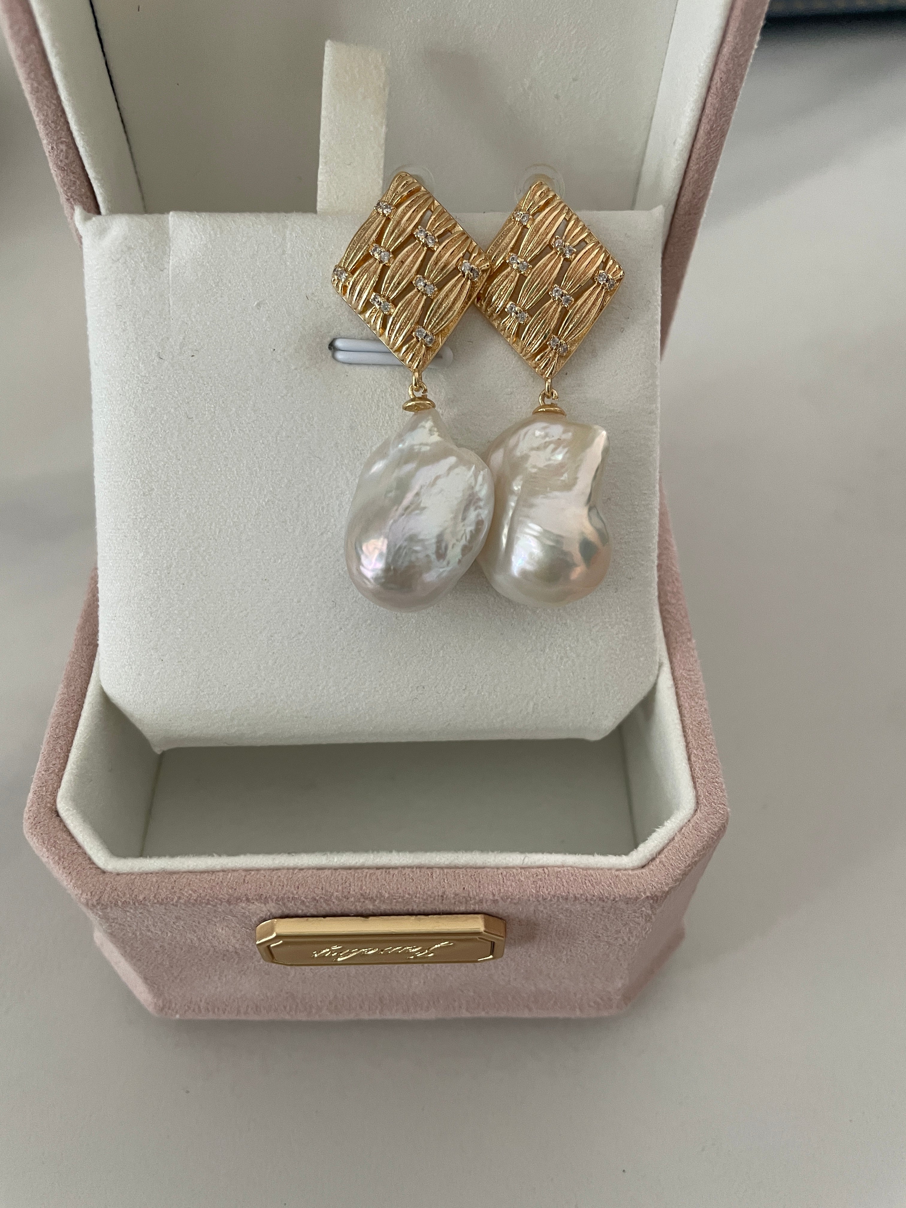 Baroque Earring 2 - Aurora Mirror Freshwater Baroque Pearl Drop Earrings, Unique Irregular CZ Inlaid Alloy Jewelry