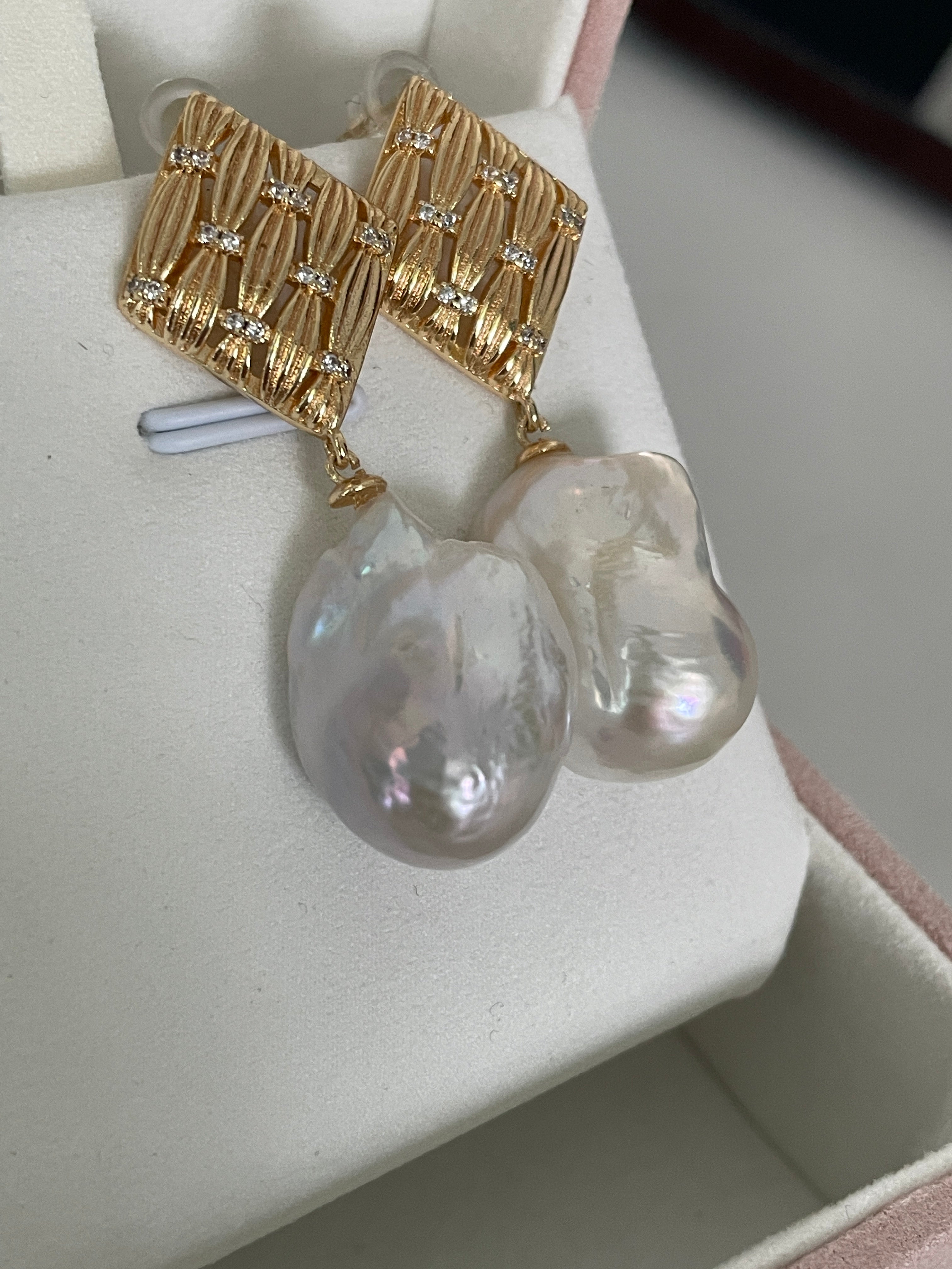 Baroque Earring 2 - Aurora Mirror Freshwater Baroque Pearl Drop Earrings, Unique Irregular CZ Inlaid Alloy Jewelry