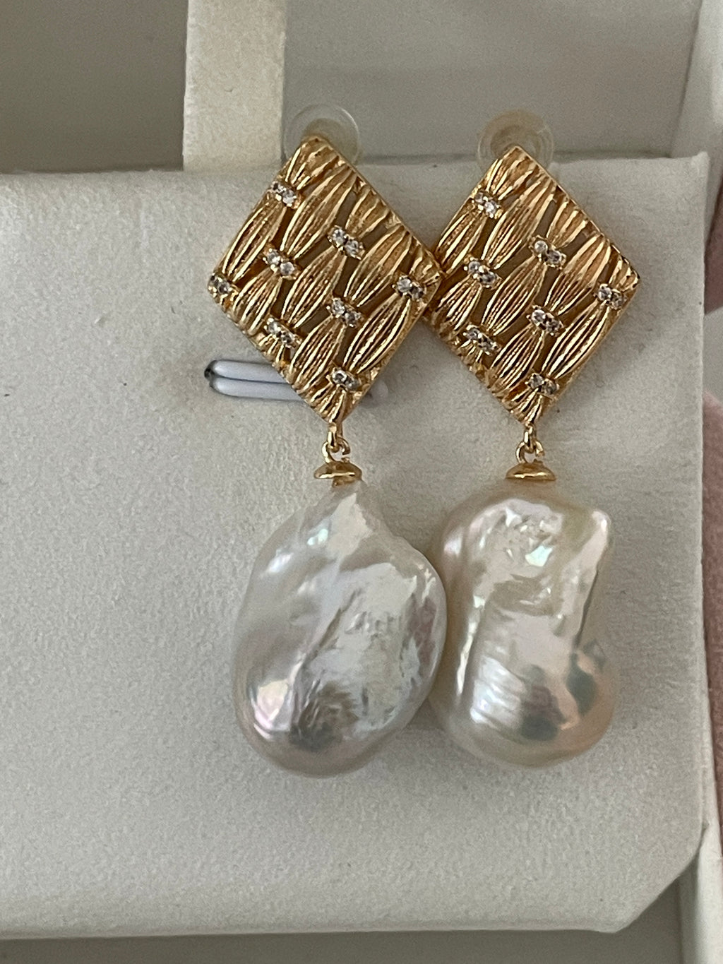 Baroque Earring 2 - Aurora Mirror Freshwater Baroque Pearl Drop Earrings, Unique Irregular CZ Inlaid Alloy Jewelry