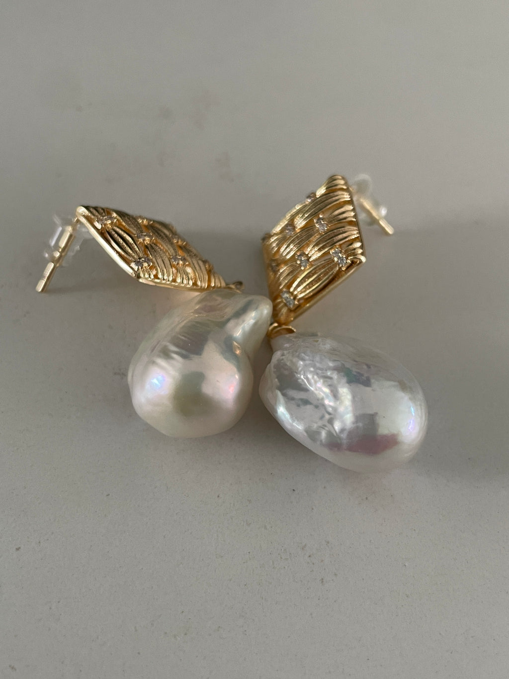 Baroque Earring 2 - Aurora Mirror Freshwater Baroque Pearl Drop Earrings, Unique Irregular CZ Inlaid Alloy Jewelry