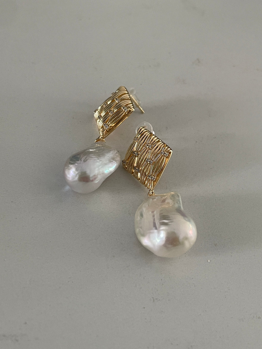 Baroque Earring 2 - Aurora Mirror Freshwater Baroque Pearl Drop Earrings, Unique Irregular CZ Inlaid Alloy Jewelry