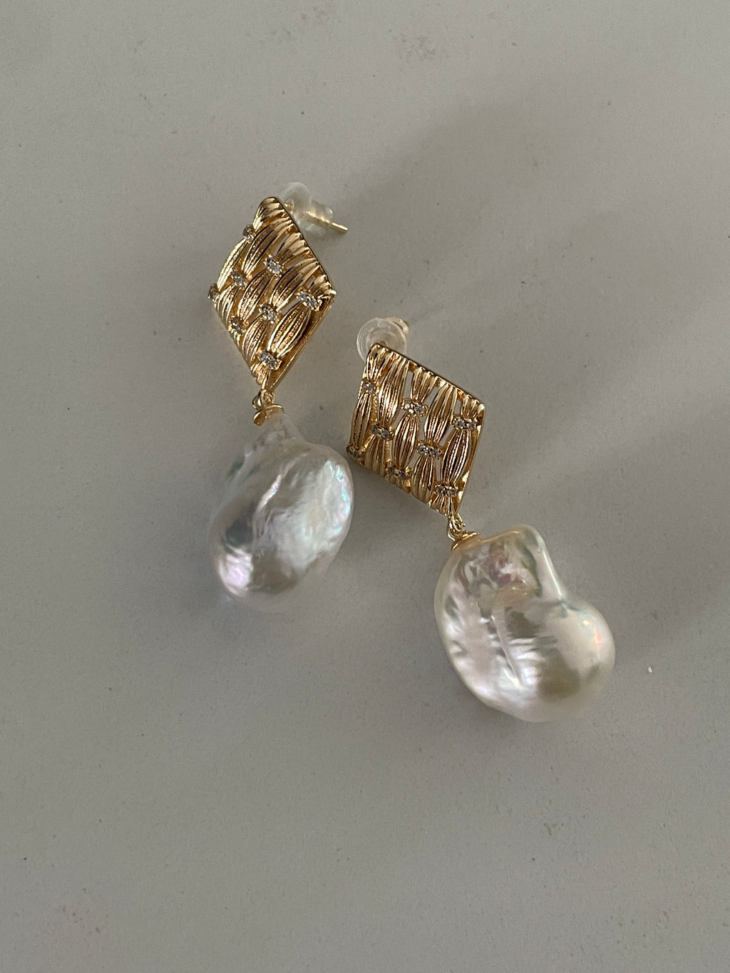 Baroque Earring 2 - Aurora Mirror Freshwater Baroque Pearl Drop Earrings, Unique Irregular CZ Inlaid Alloy Jewelry