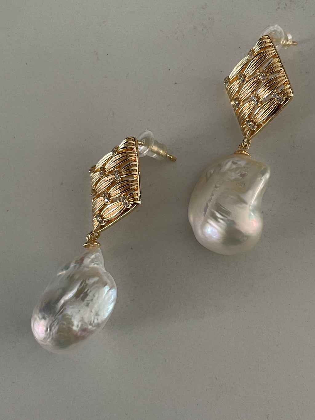 Baroque Earring 2 - Aurora Mirror Freshwater Baroque Pearl Drop Earrings, Unique Irregular CZ Inlaid Alloy Jewelry