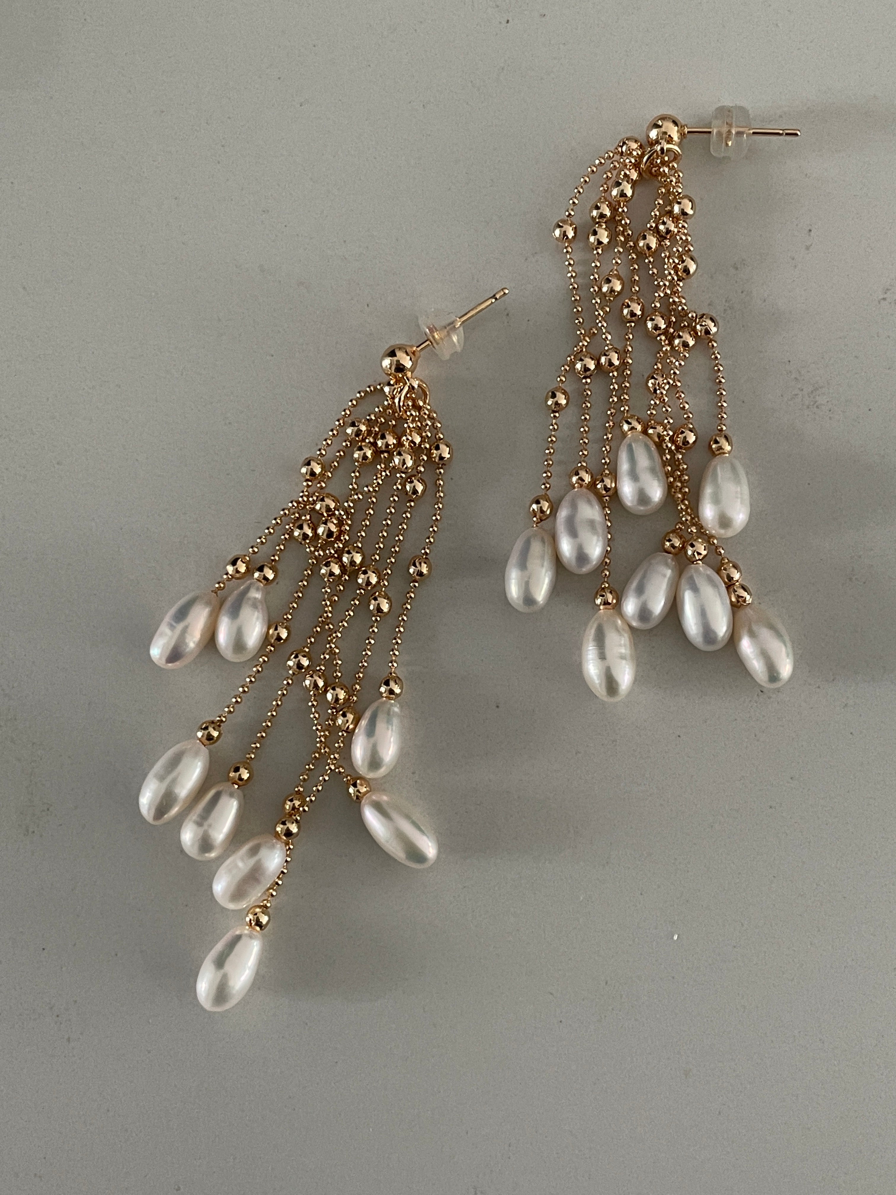 Baroque Earring 6 - 16pcs Baroque Rice Pearl Tassel Drop Earrings, Gold Tone Beaded Chain Jewelry, Dangle & Swing Style