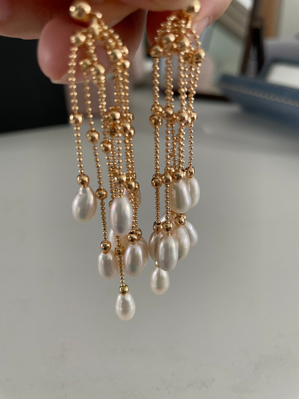 Baroque Earring 6 - 16pcs Baroque Rice Pearl Tassel Drop Earrings, Gold Tone Beaded Chain Jewelry, Dangle & Swing Style
