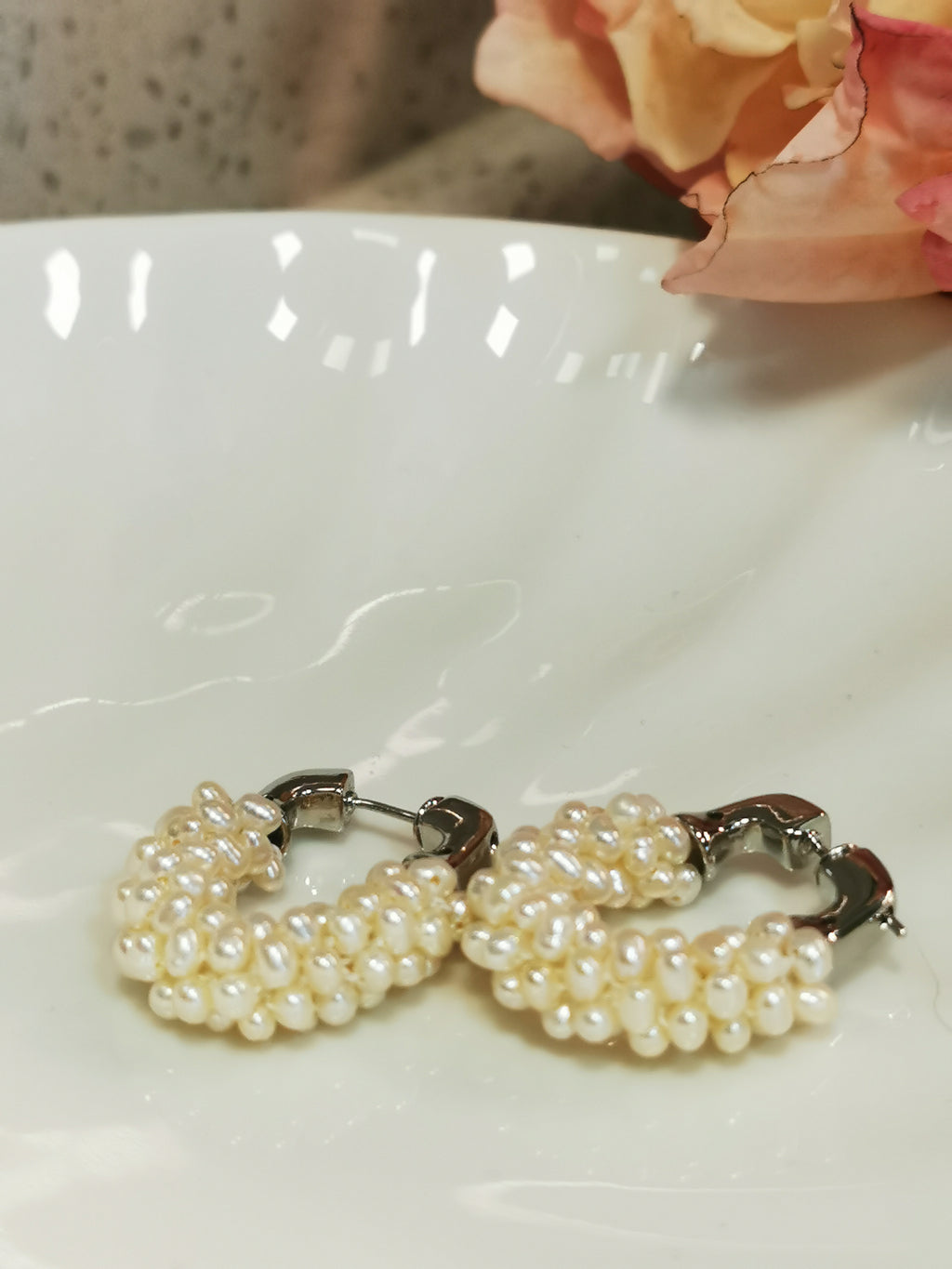 Baroque Earring 7 - Multi-Strand Seed Pearl U-Shaped Hoop Earrings, Silver Tone Modern Stacked Jewelry