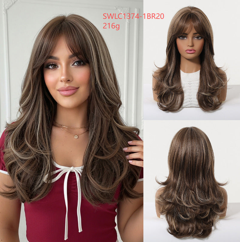 LANA-3  Long Layered Wavy Synthetic Wig with Bangs, Ombre Ash Brown Blonde Wig for Women, Heat Resistant Fiber, Natural Looking, Daily & Party Wear
