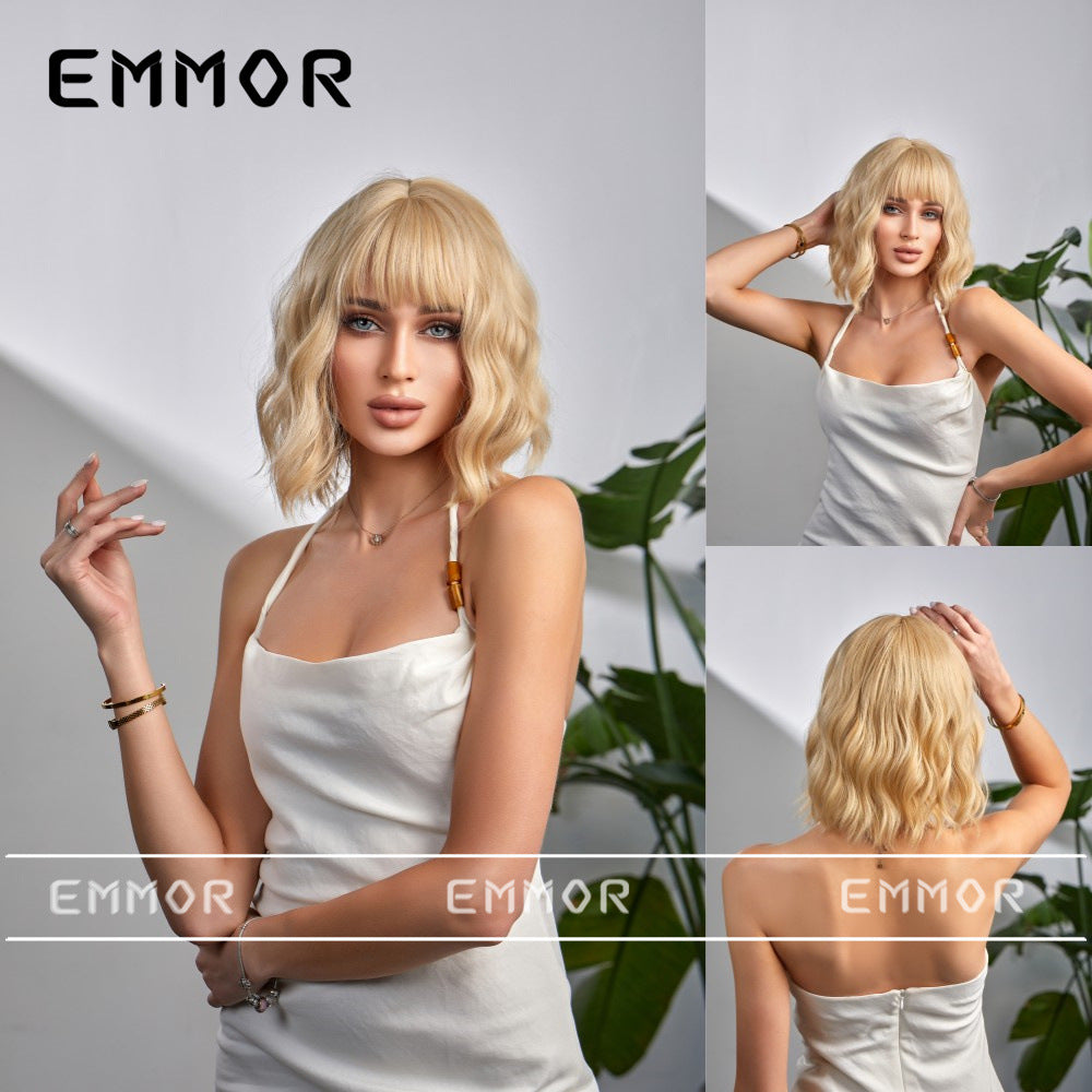 LANA-4  14 Inch Short Curly Bob Wig with Bangs, Natural Wavy Synthetic Wig for Women, Heat Resistant Fiber, Glueless Daily Party Wig, Lightweight & Breathable