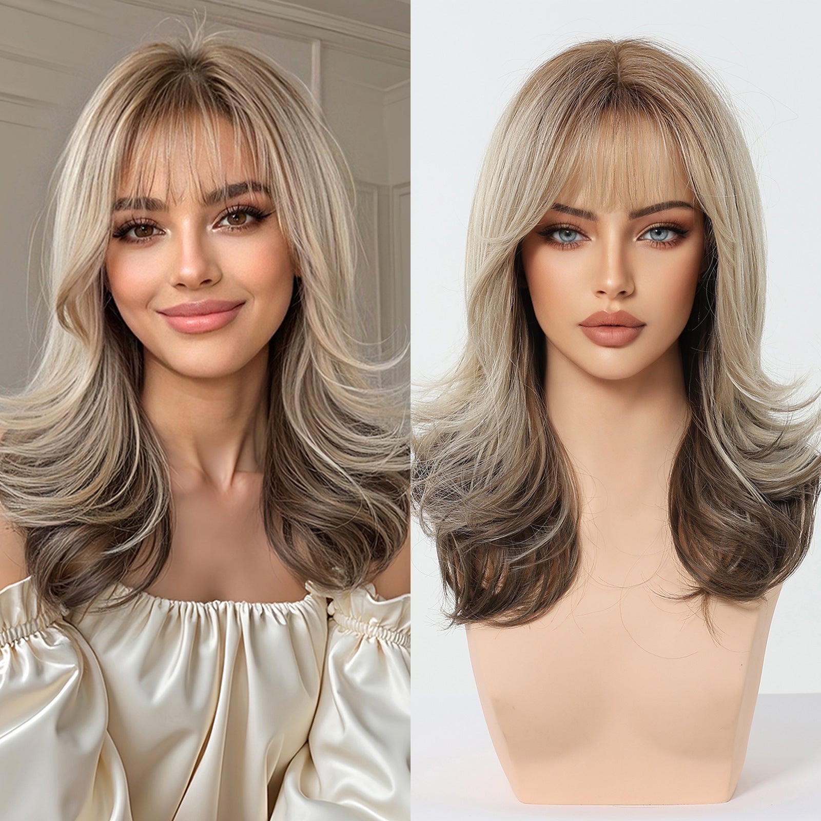 LANA-3  Long Layered Wavy Synthetic Wig with Bangs, Ombre Ash Brown Blonde Wig for Women, Heat Resistant Fiber, Natural Looking, Daily & Party Wear