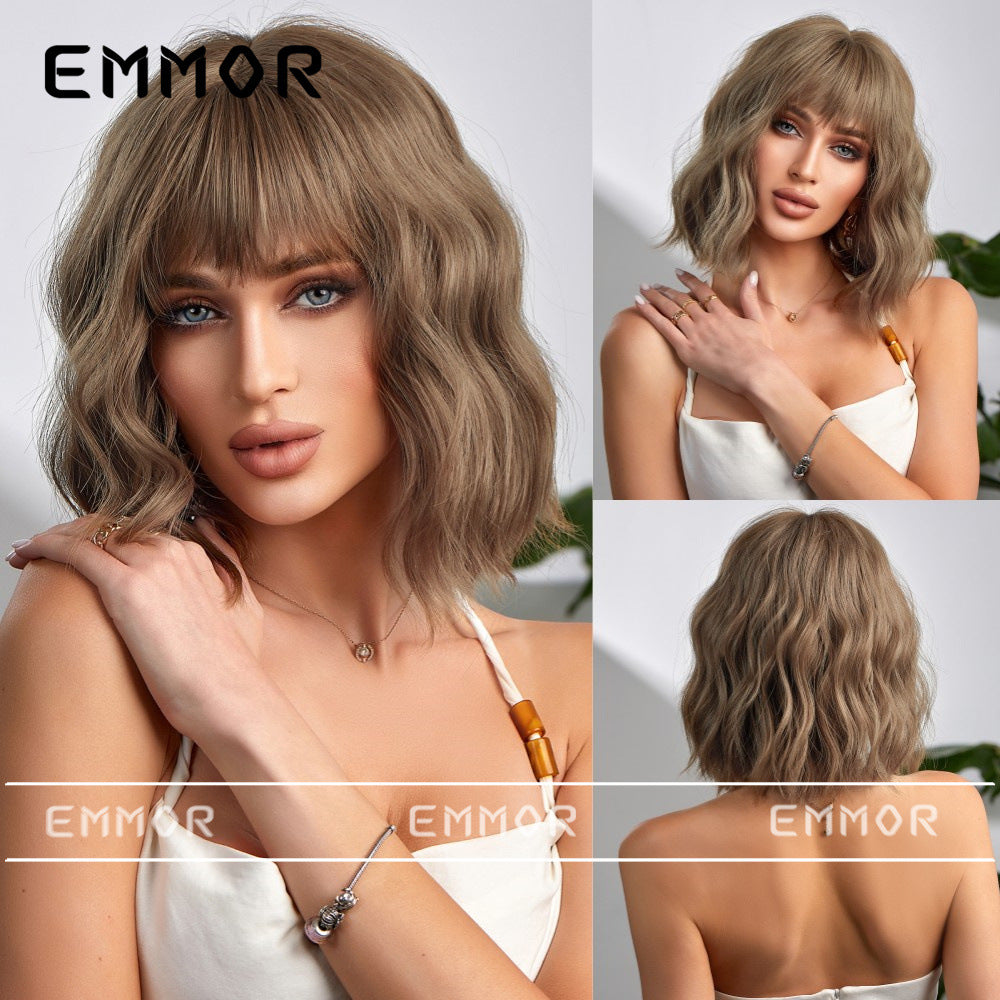LANA-4  14 Inch Short Curly Bob Wig with Bangs, Natural Wavy Synthetic Wig for Women, Heat Resistant Fiber, Glueless Daily Party Wig, Lightweight & Breathable