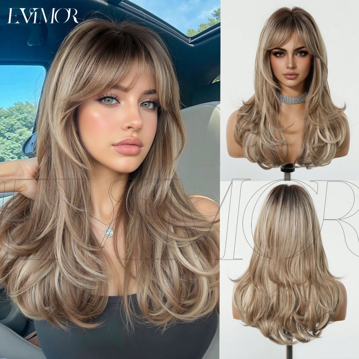 LANA-3  Long Layered Wavy Synthetic Wig with Bangs, Ombre Ash Brown Blonde Wig for Women, Heat Resistant Fiber, Natural Looking, Daily & Party Wear