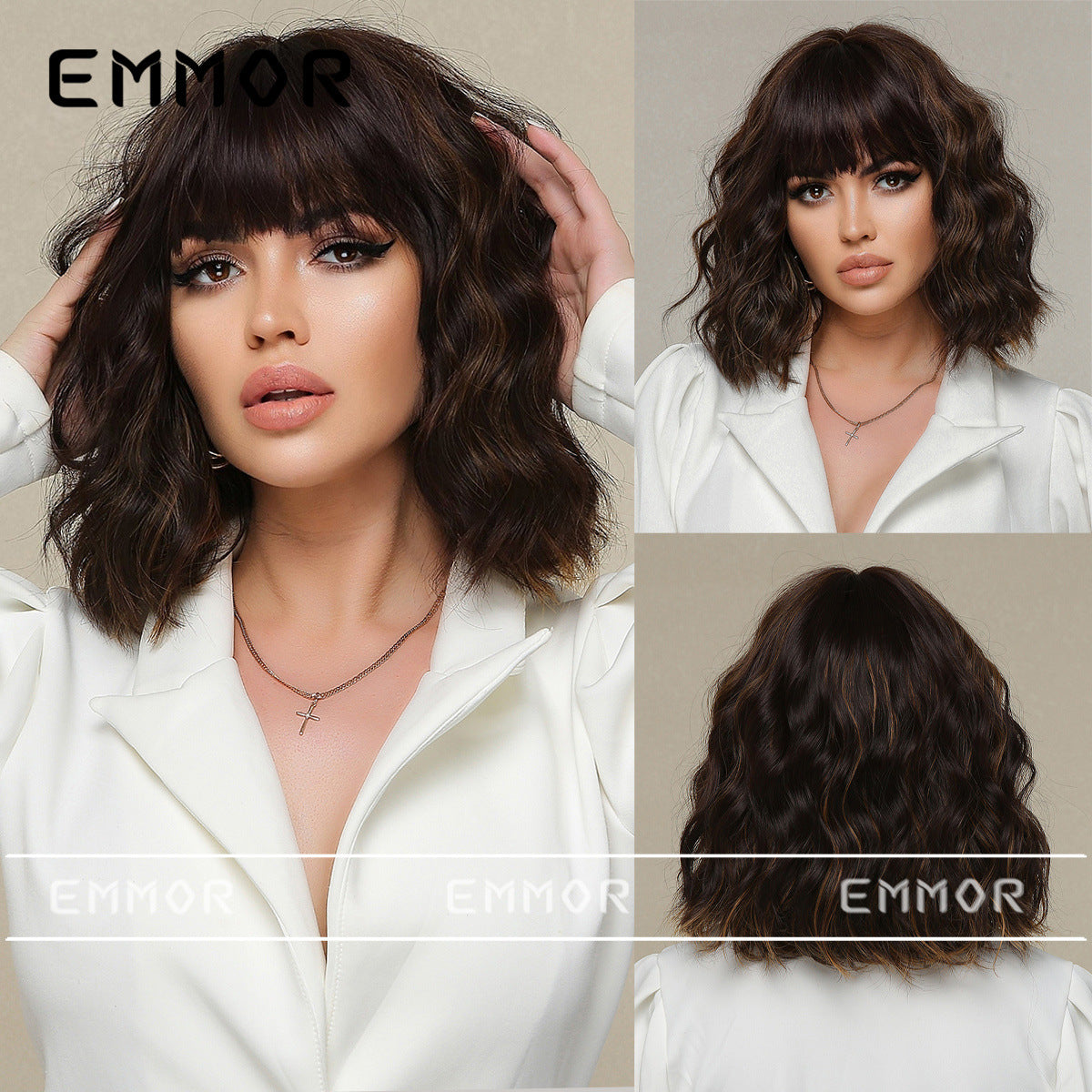 LANA-4  14 Inch Short Curly Bob Wig with Bangs, Natural Wavy Synthetic Wig for Women, Heat Resistant Fiber, Glueless Daily Party Wig, Lightweight & Breathable