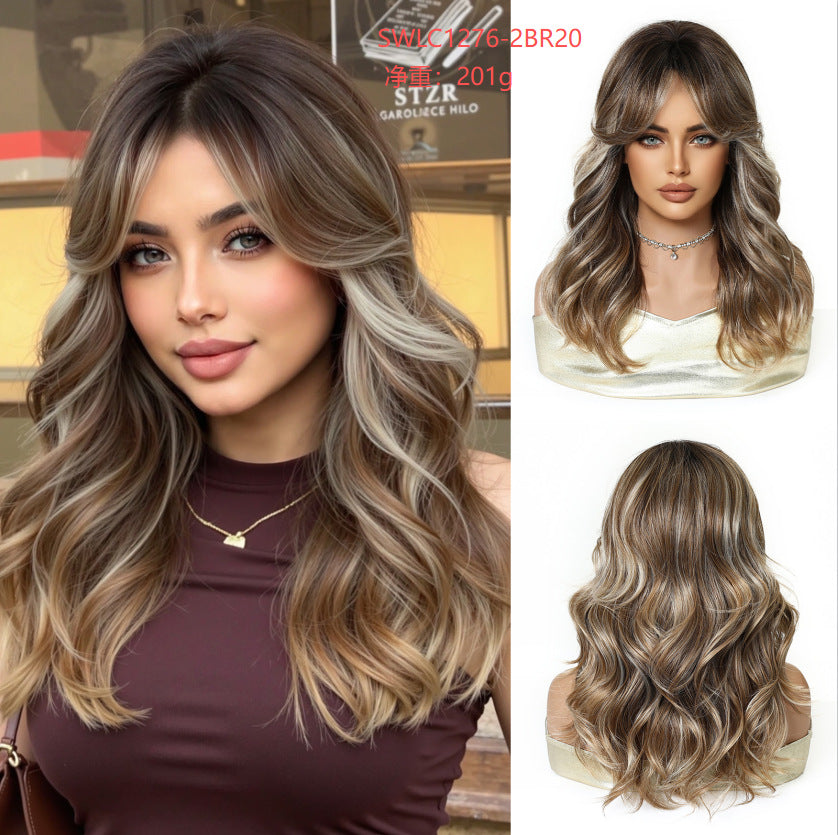 LANA-3  Long Layered Wavy Synthetic Wig with Bangs, Ombre Ash Brown Blonde Wig for Women, Heat Resistant Fiber, Natural Looking, Daily & Party Wear