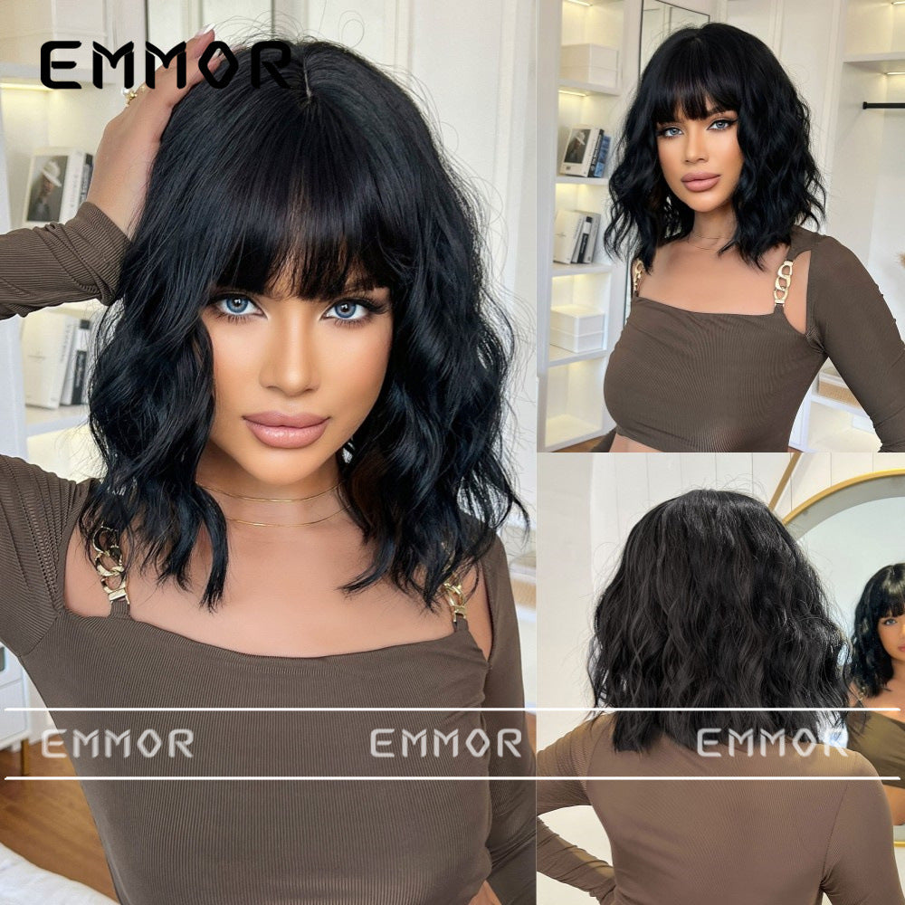 LANA-4  14 Inch Short Curly Bob Wig with Bangs, Natural Wavy Synthetic Wig for Women, Heat Resistant Fiber, Glueless Daily Party Wig, Lightweight & Breathable