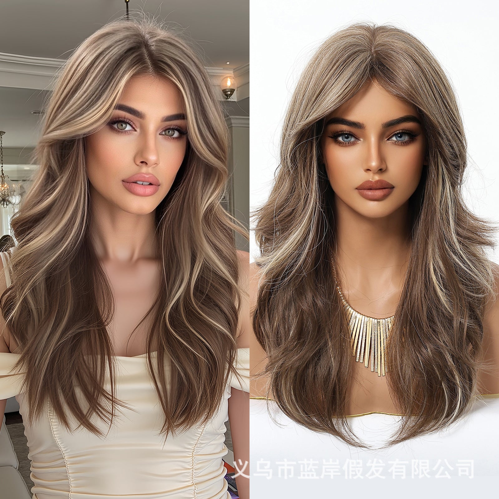 LANA-3  Long Layered Wavy Synthetic Wig with Bangs, Ombre Ash Brown Blonde Wig for Women, Heat Resistant Fiber, Natural Looking, Daily & Party Wear