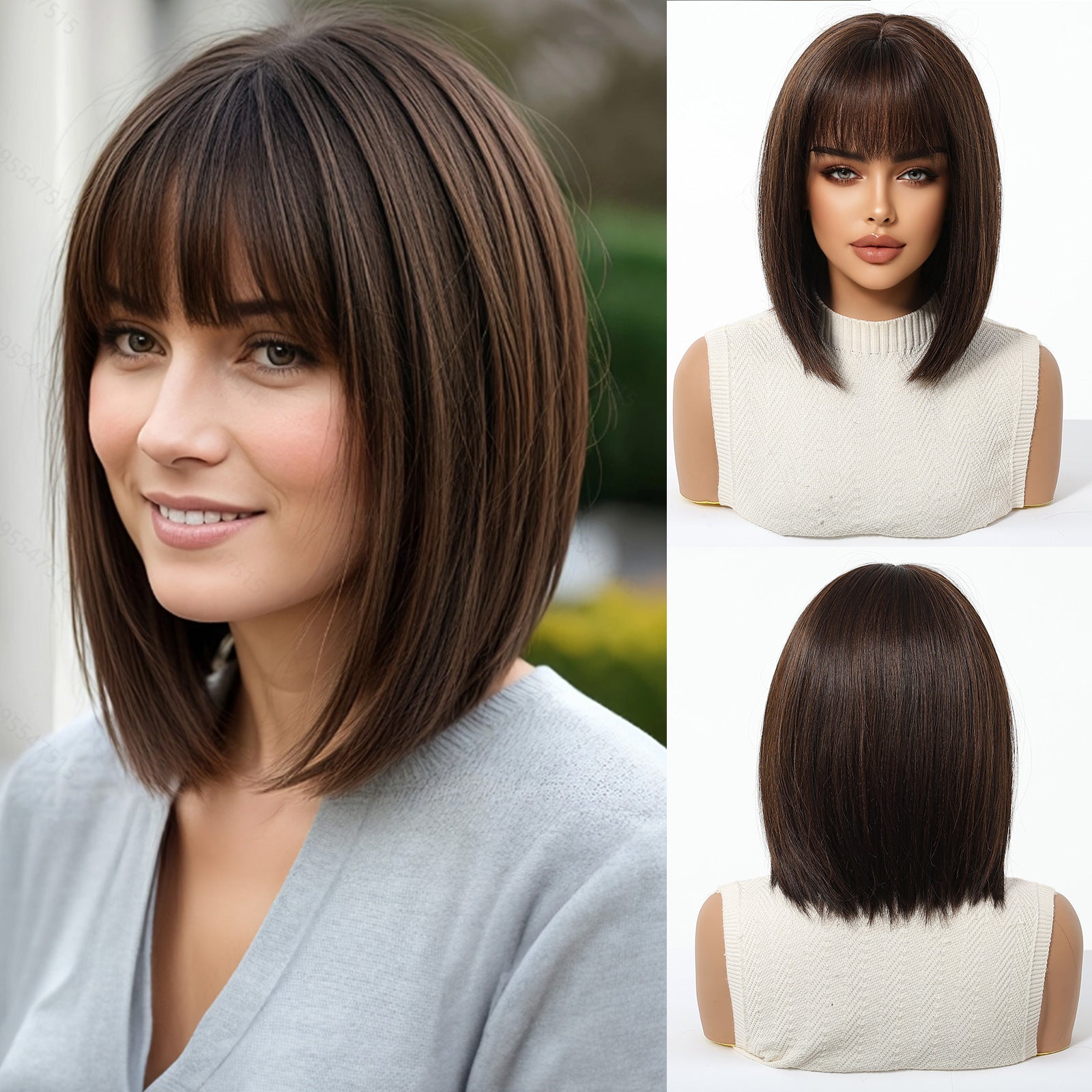 LANA-5  2026 New Short Bob Wig with Bangs for Black Women, Shoulder Length Straight Synthetic Wigs, Natural Looking Heat Resistant Fiber Hair, Full Machine Made Wig for Daily Party Use