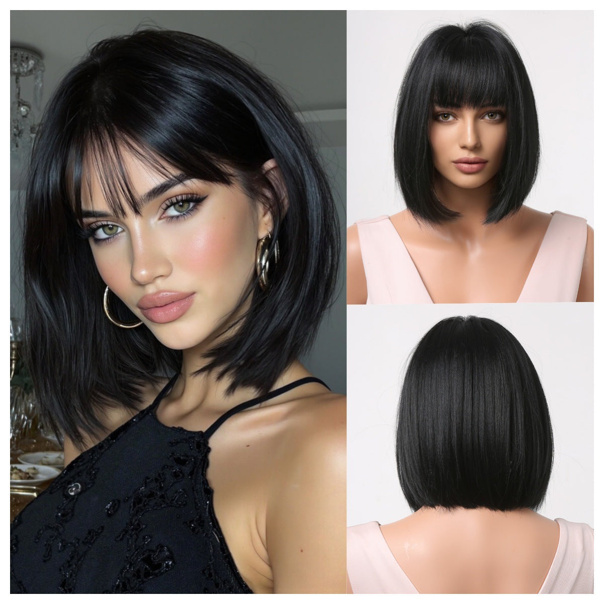 LANA-5  2026 New Short Bob Wig with Bangs for Black Women, Shoulder Length Straight Synthetic Wigs, Natural Looking Heat Resistant Fiber Hair, Full Machine Made Wig for Daily Party Use