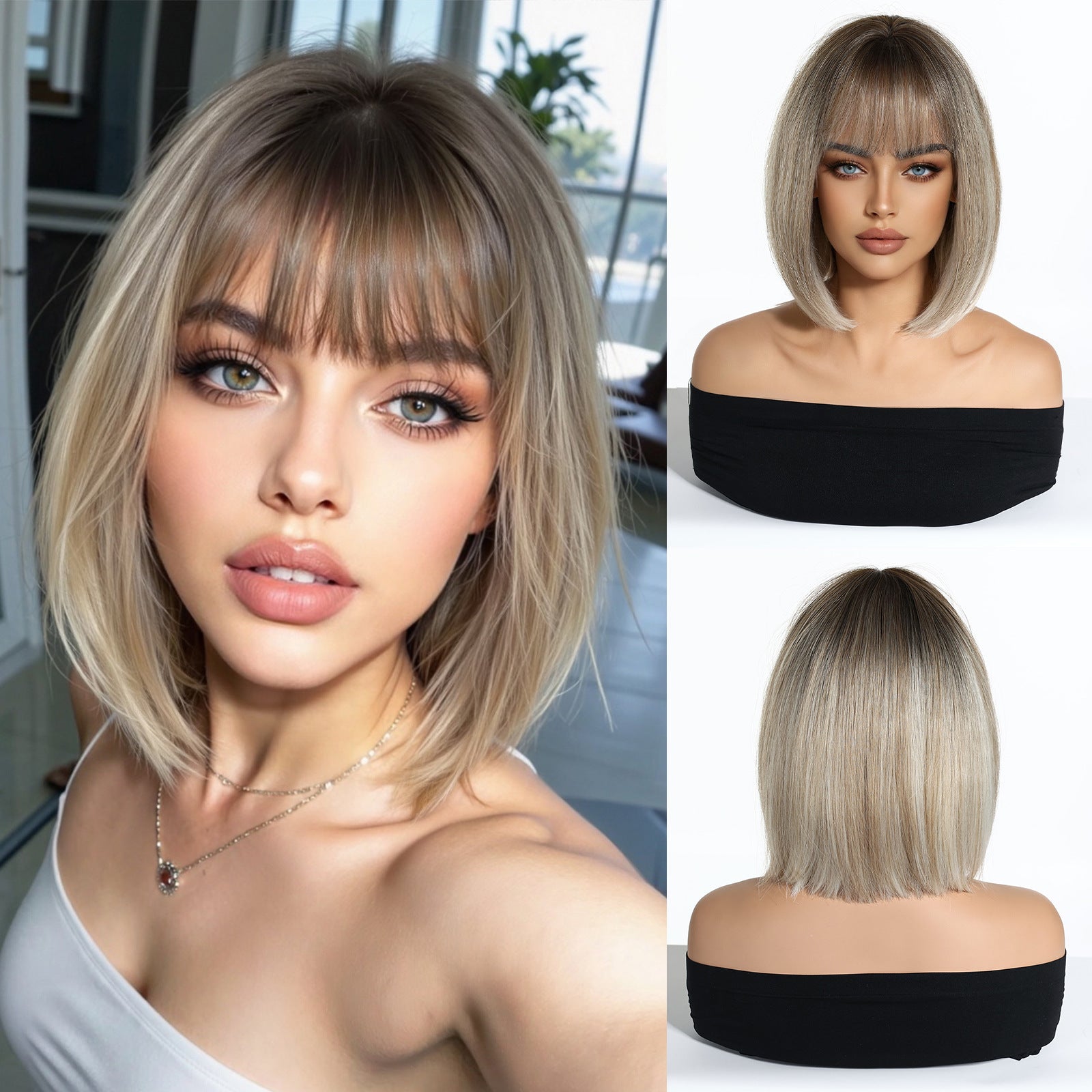 LANA-5  2026 New Short Bob Wig with Bangs for Black Women, Shoulder Length Straight Synthetic Wigs, Natural Looking Heat Resistant Fiber Hair, Full Machine Made Wig for Daily Party Use
