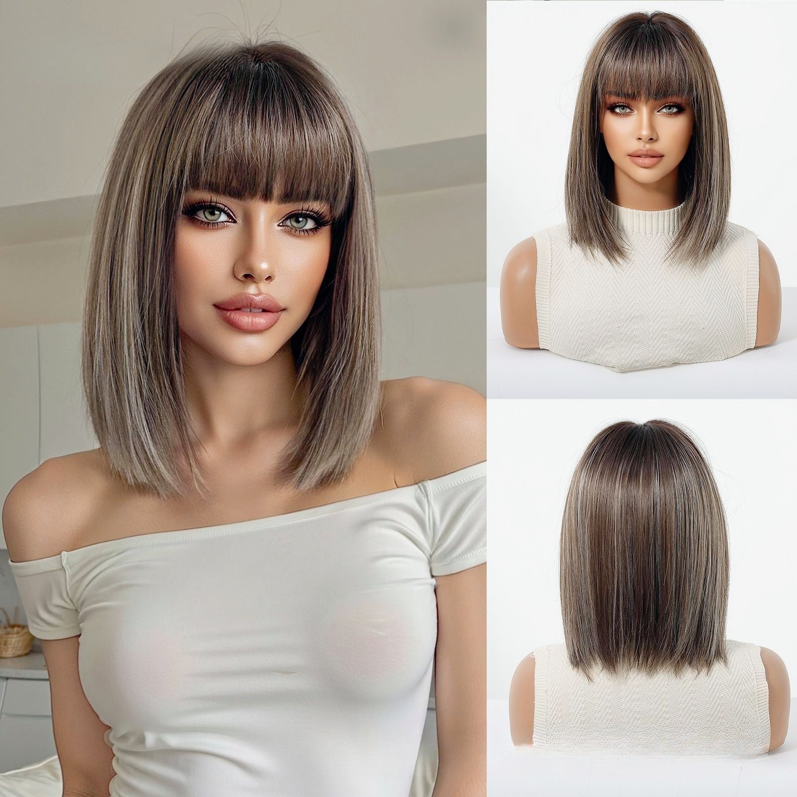 LANA-5  2026 New Short Bob Wig with Bangs for Black Women, Shoulder Length Straight Synthetic Wigs, Natural Looking Heat Resistant Fiber Hair, Full Machine Made Wig for Daily Party Use