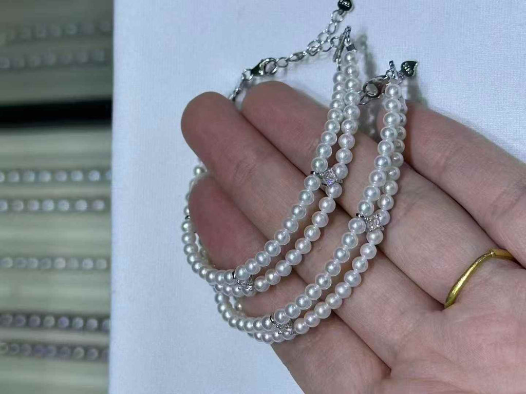 DA.   3-4mm Double Strand Pearl Bracelet, High Luster Round Freshwater Pearl, Dainty S925 Silver Jewelry, Near Flawless Everyday Bracelet for Women
