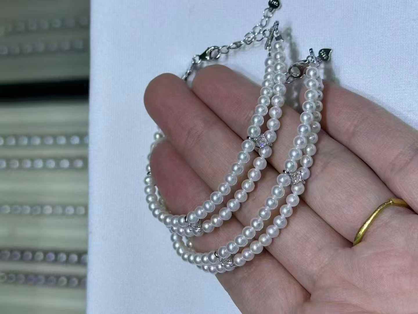 DA.   3-4mm Double Strand Pearl Bracelet, High Luster Round Freshwater Pearl, Dainty S925 Silver Jewelry, Near Flawless Everyday Bracelet for Women