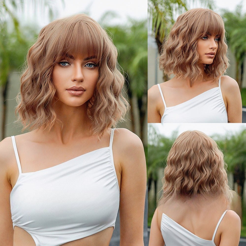 LANA-4  14 Inch Short Curly Bob Wig with Bangs, Natural Wavy Synthetic Wig for Women, Heat Resistant Fiber, Glueless Daily Party Wig, Lightweight & Breathable