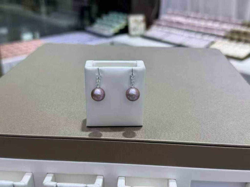 DA  10-11mm Natural Purple Pearl Drop Earrings, High Luster Round Freshwater Pearl Earrings, Elegant Statement Earrings for Women