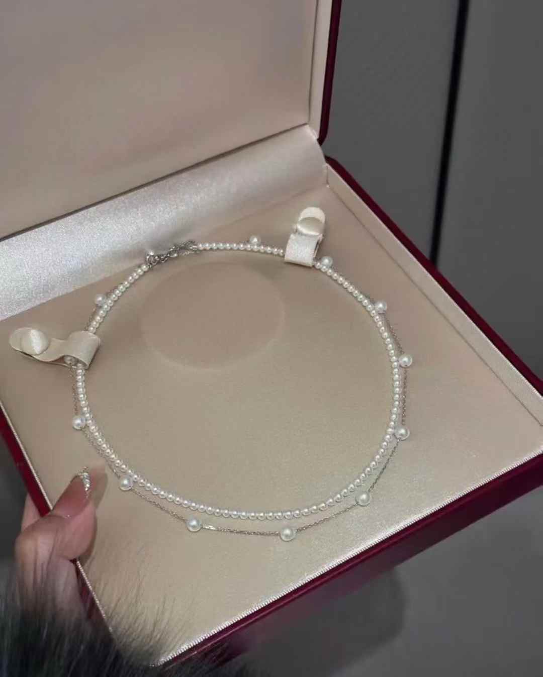 DA  Double Layer Pearl Choker Necklace, 3-4mm + 5-6mm High Luster Freshwater Pearls, Dainty Layered Silver Necklace for Spring Summer, Trendy Pearl Jewelry
