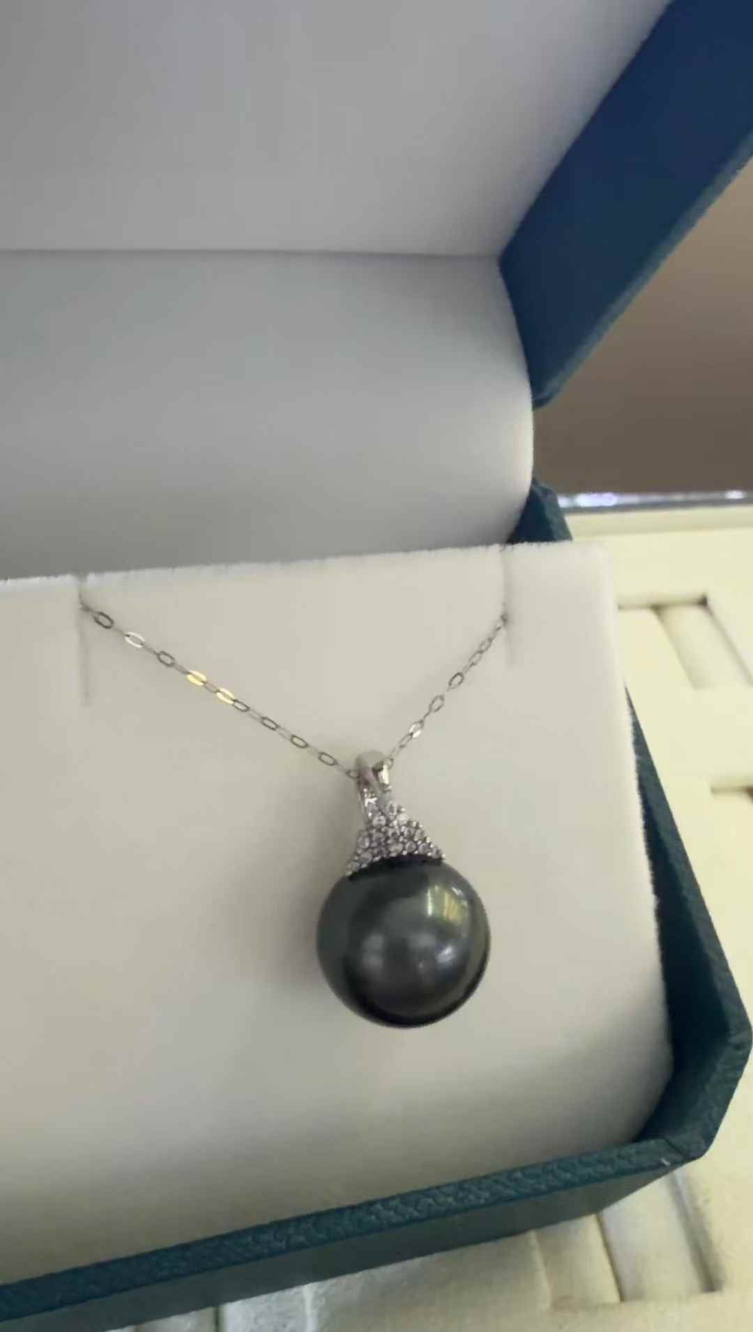 DA  12-13mm Perfect Round Tahitian Pearl Pendant Necklace, High Luster Black Seawater Pearl Solitaire, Exotic Crown Jewel Jewelry for Women