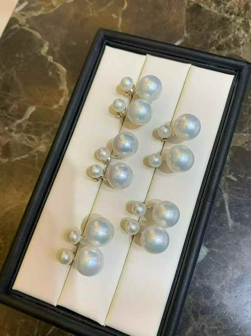 DA  11-12mm + 5-6mm Double Pearl Stud Earrings, K-Drama "Winter Love" Style, High Luster Freshwater Pearl Earrings, S925 Silver Jewelry