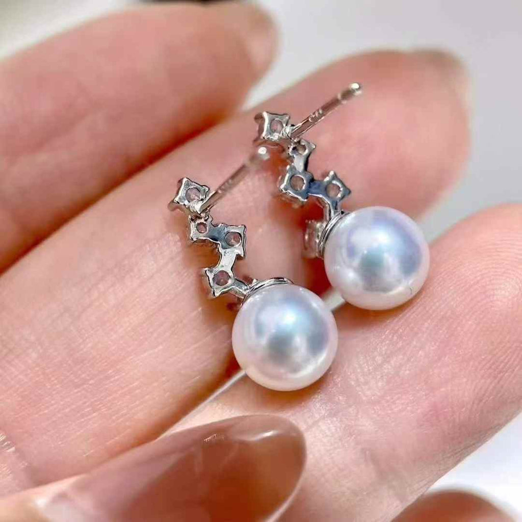 DA. 7-8mm Mikimoto Inspired Pearl Earrings, High Luster Near Flawless Freshwater Studs, Luxury Designer Look-Alike Silver Earrings for Women