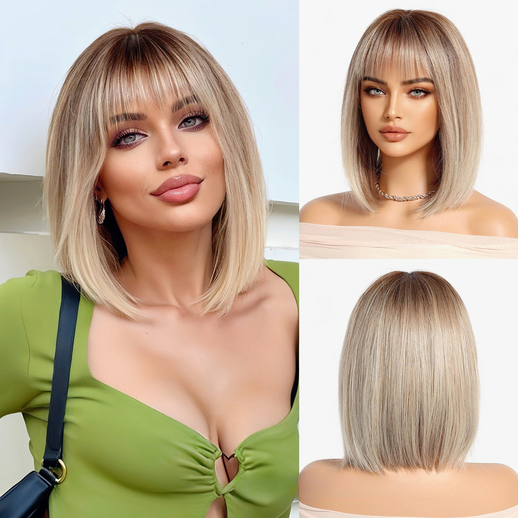 LANA-5  2026 New Short Bob Wig with Bangs for Black Women, Shoulder Length Straight Synthetic Wigs, Natural Looking Heat Resistant Fiber Hair, Full Machine Made Wig for Daily Party Use