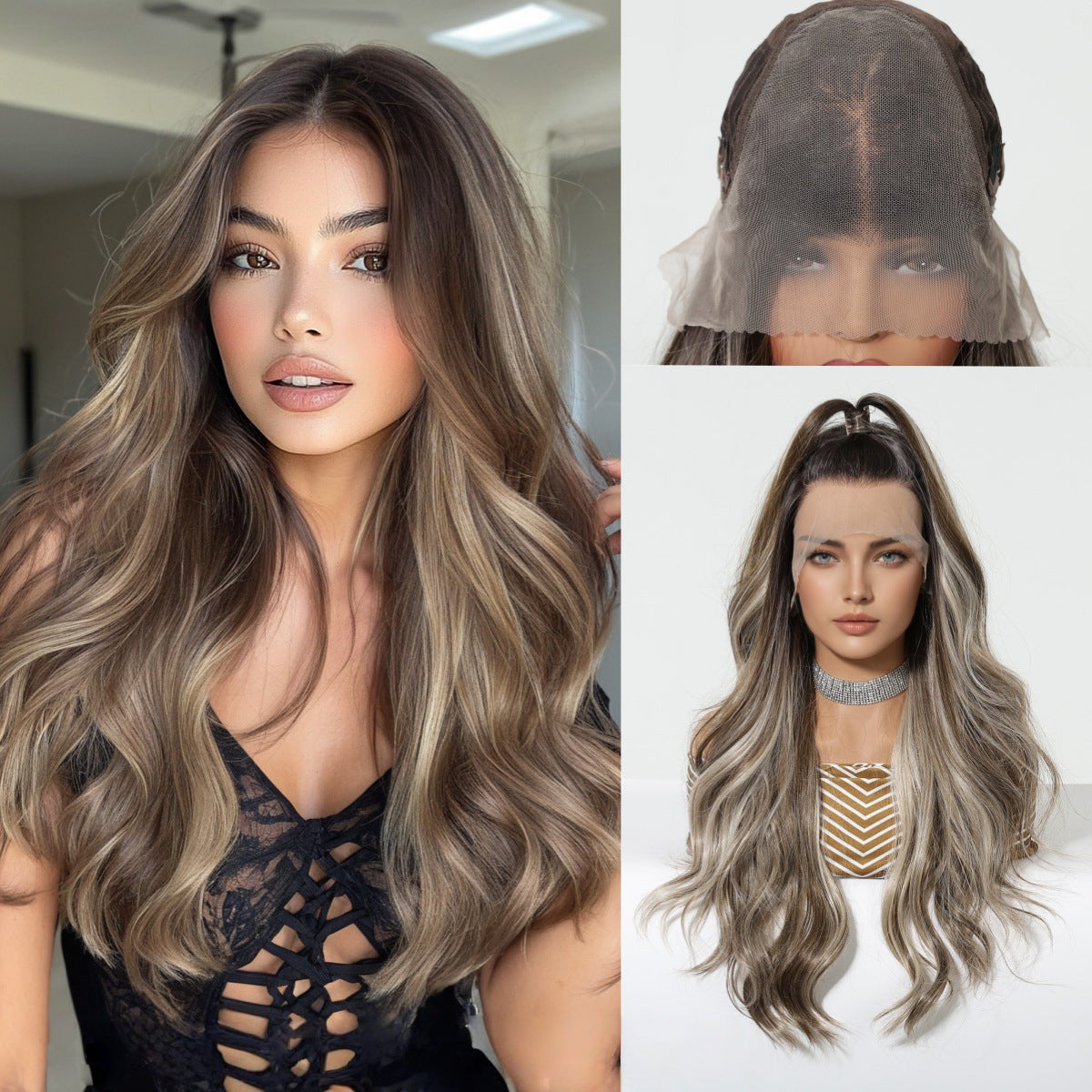 LANA-3  Long Layered Wavy Synthetic Wig with Bangs, Ombre Ash Brown Blonde Wig for Women, Heat Resistant Fiber, Natural Looking, Daily & Party Wear