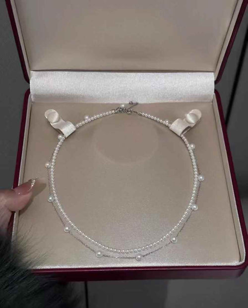 DA  Double Layer Pearl Choker Necklace, 3-4mm + 5-6mm High Luster Freshwater Pearls, Dainty Layered Silver Necklace for Spring Summer, Trendy Pearl Jewelry